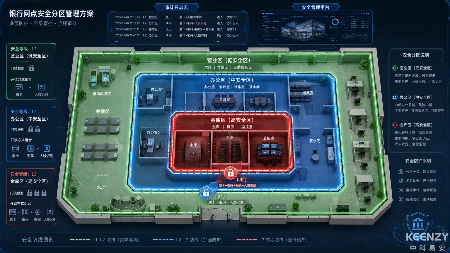 银行网点联网门锁三级分区管控与审计追溯架构
