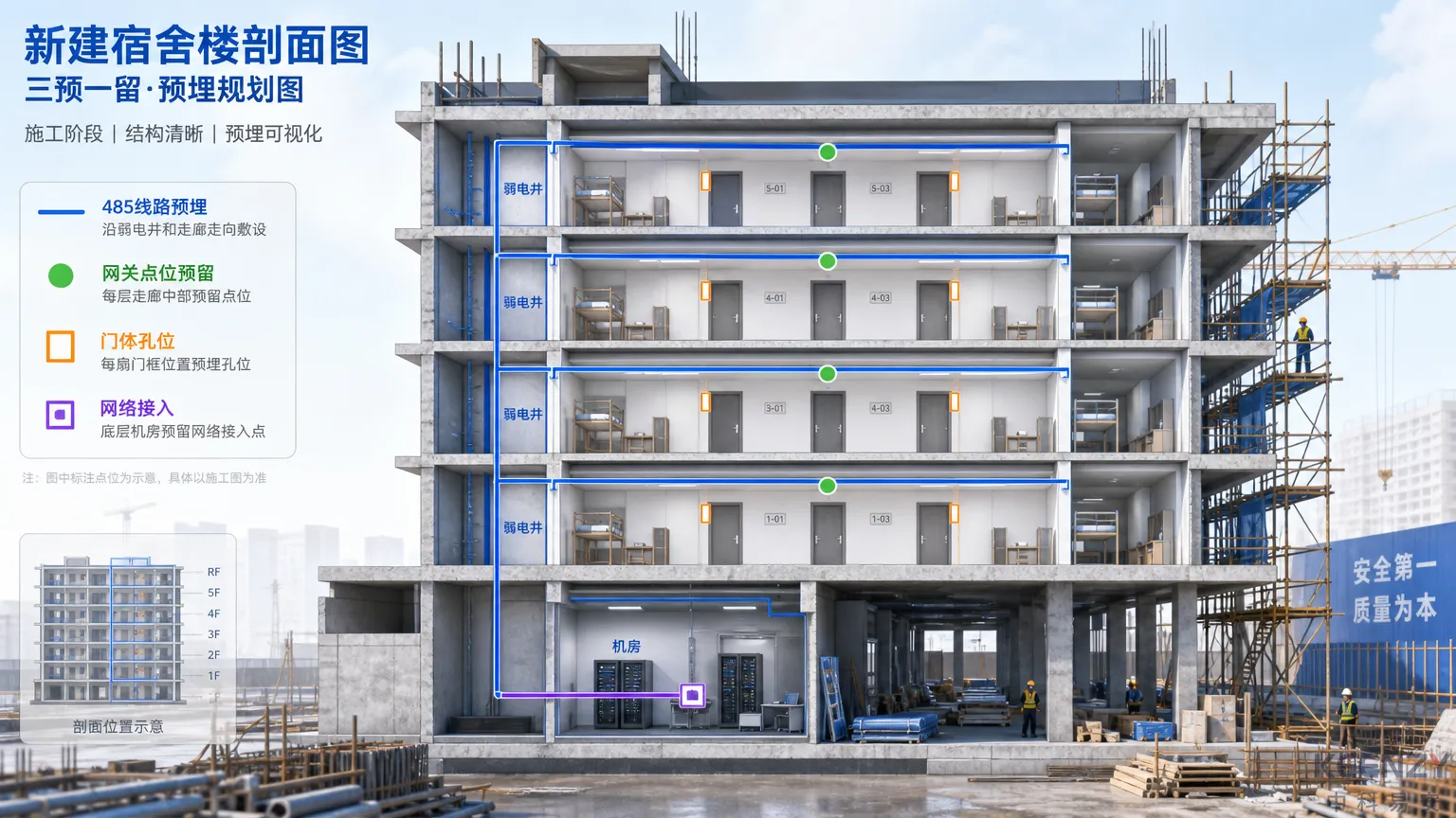 新建宿舍联网门锁预埋方案三预一留架构