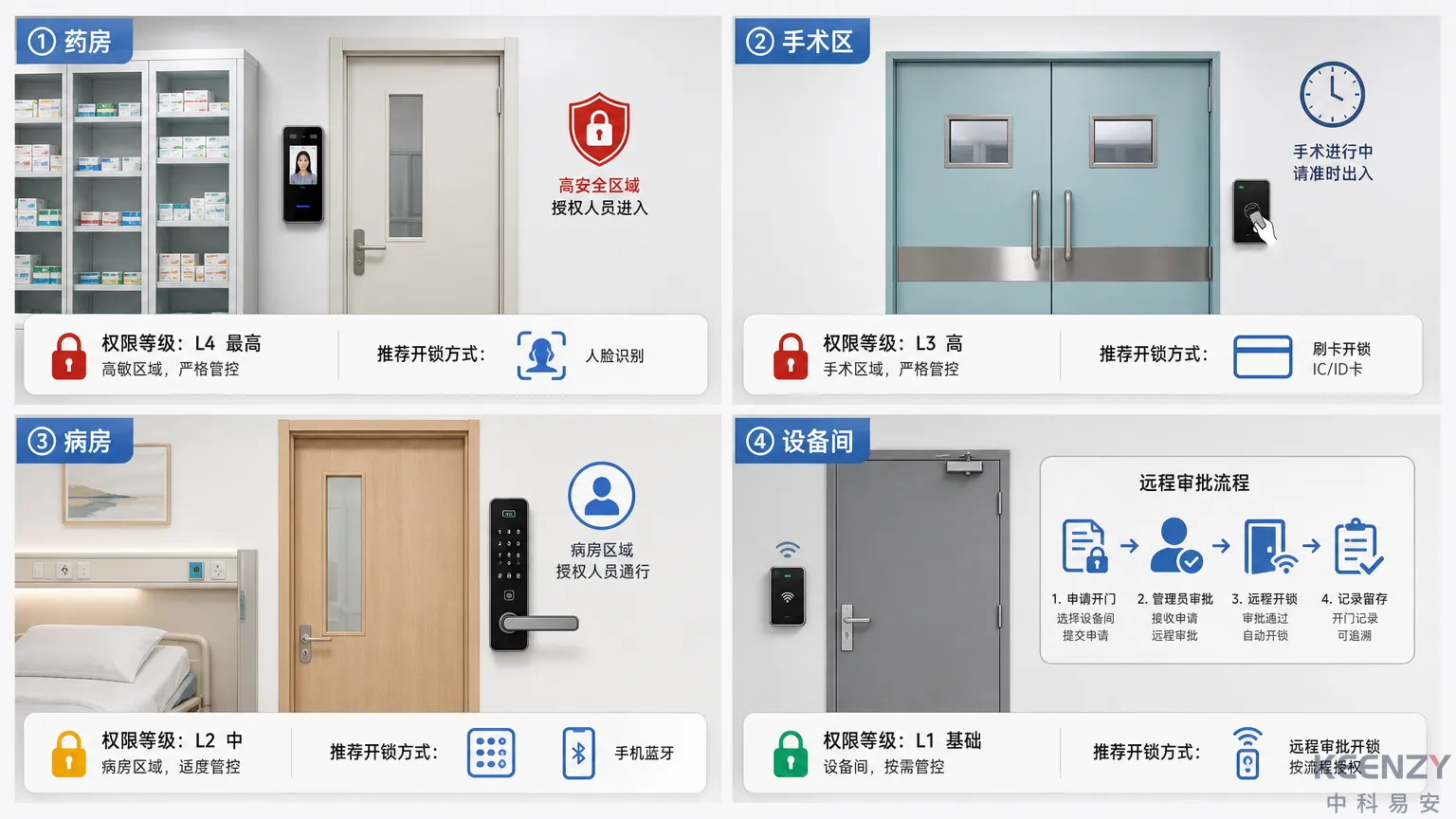 医院不同区域联网门锁权限分级对比示意图