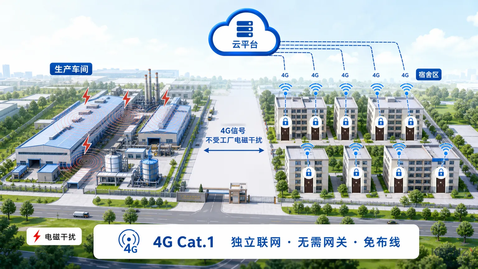 企业宿舍联网门锁4G Cat.1组网部署示意