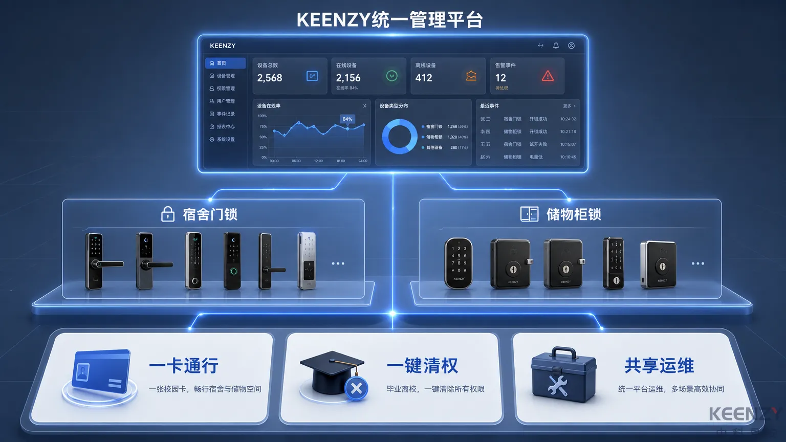 校园智能储物柜与宿舍门锁统一平台管理协同效应示意图