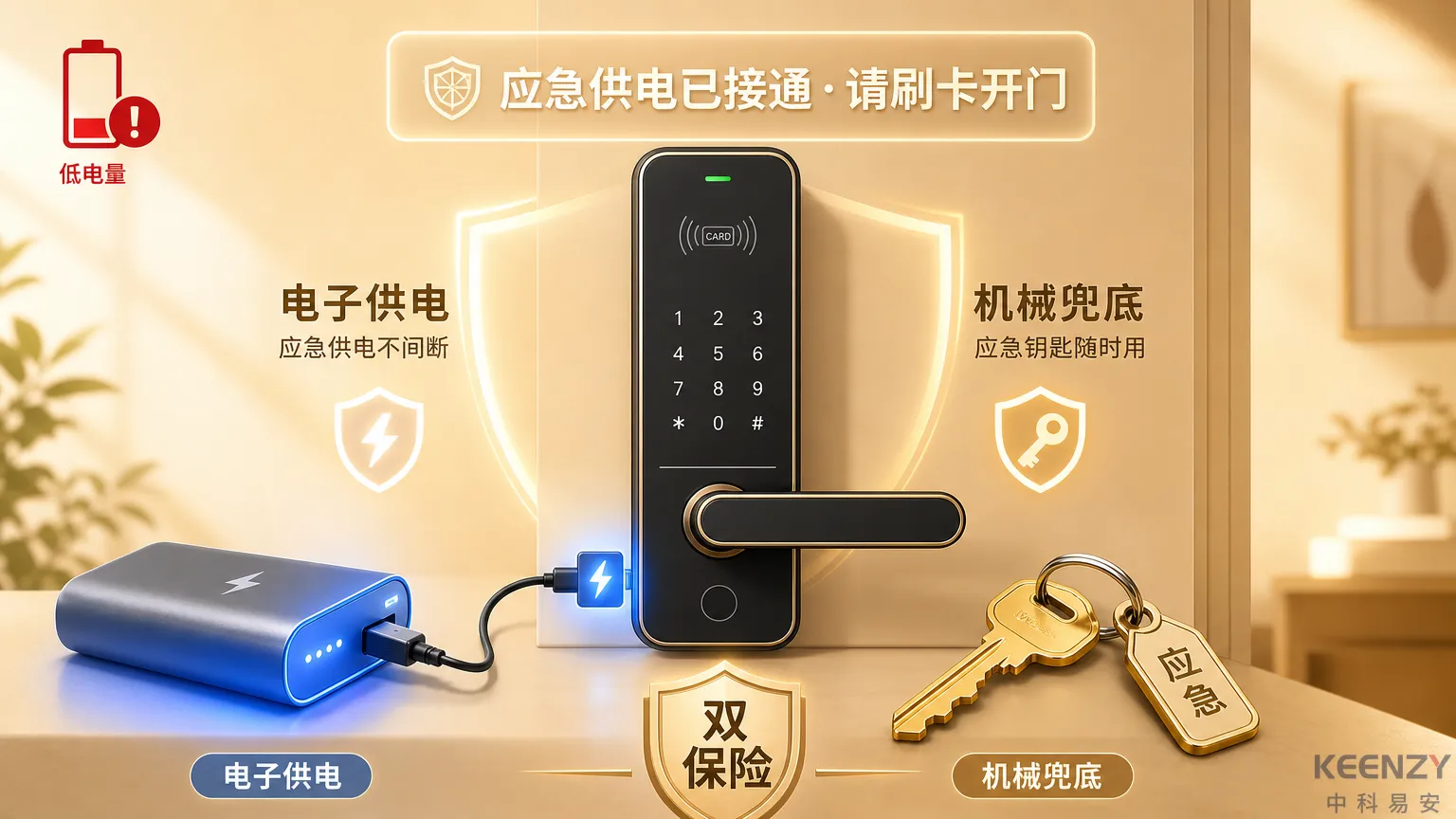 联网门锁没电应急方案USB供电与机械钥匙双保险